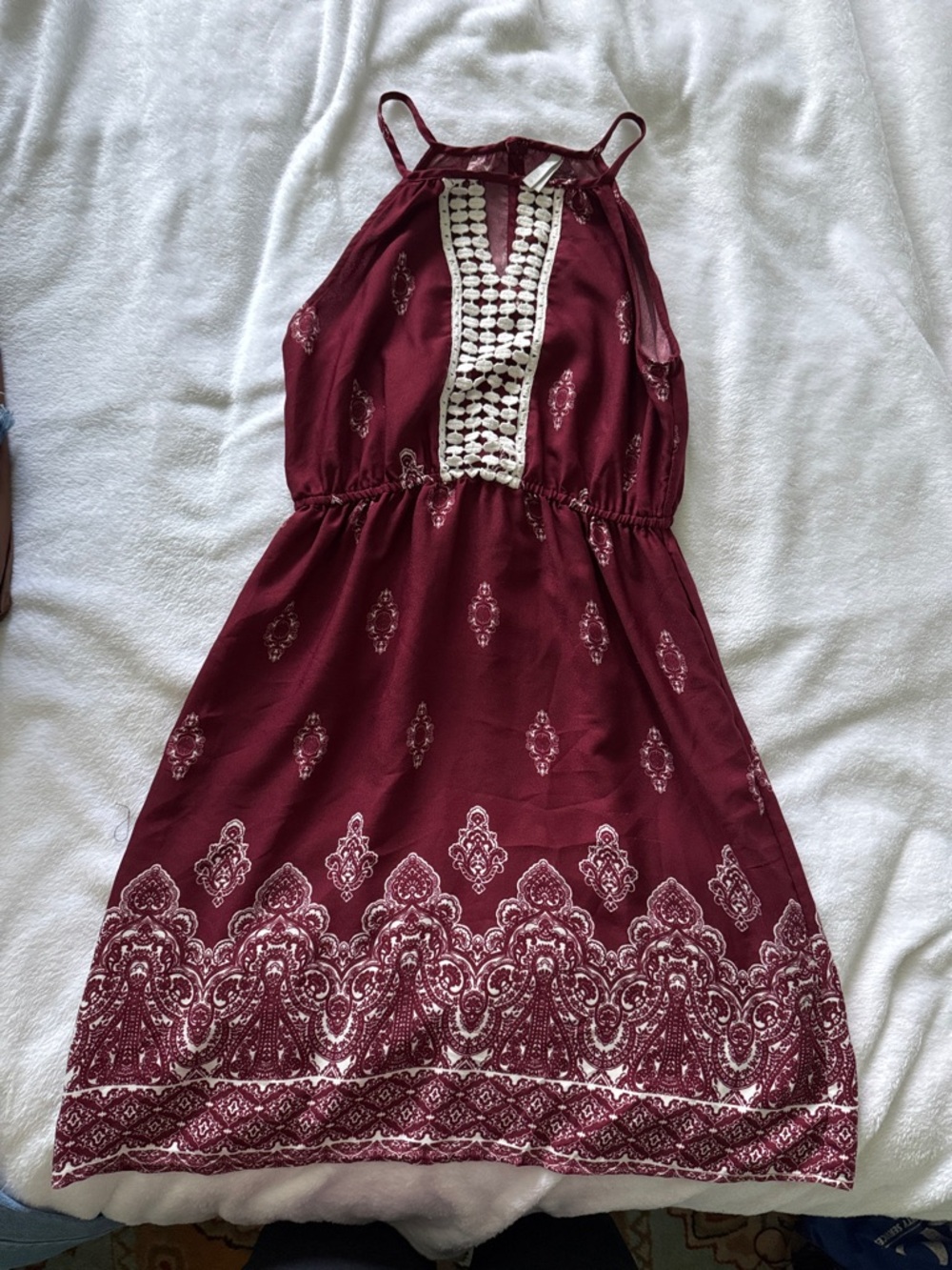 Vanity Burgundy Halter Dress with White Crochet Panel